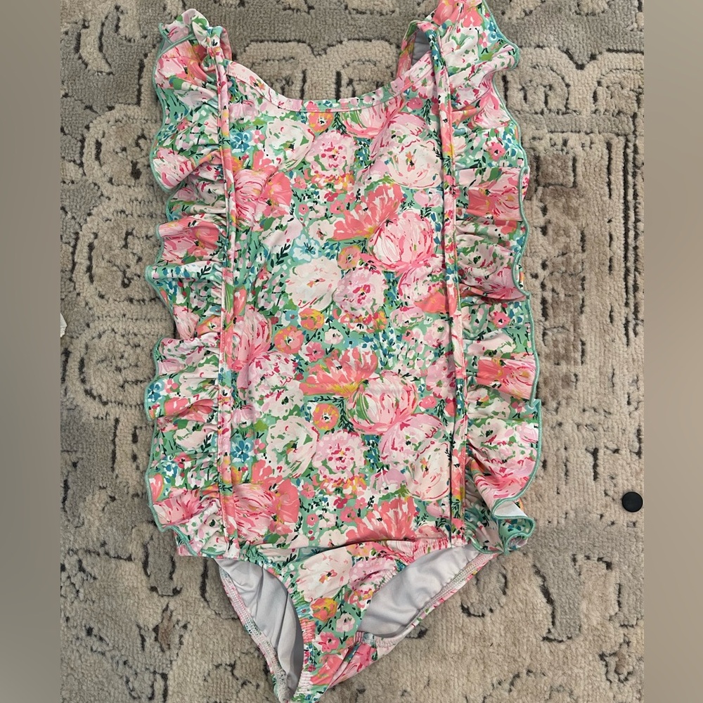 SweetHoney Kids Floral Ruffle One-Piece Swimsuit - Pink & Green